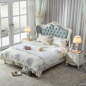 Envío Gratis: Lujoso Juego de Dormitorio con Cama King de Madera de Caoba Azul Suave, Estilo Francés Antiguo, Tapizado y con Botones - Product Image 1