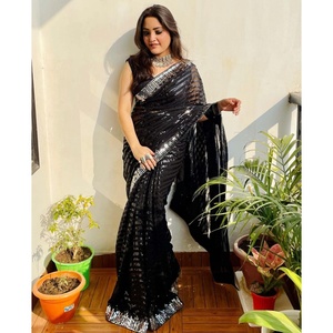 Dernier modèle de sari en fausse fourrure non cousu avec bordure en dentelle fantaisie et broderie pour les occasions spéciales par Fatema Fashion - Product Image 1