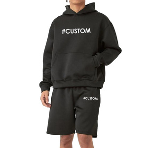 OEM Men's <b>Black</b> Hooded Tracksuit Set Casual 380 GSM Fleece <b>Shorts</b> Men Solid Color Custom Pullover Hoodie And <b>Shorts</b> 2 Pc Set - Product Image 1