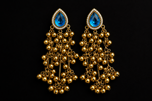 Pendientes Colgantes Azules de Latón Chapado en Oro de 18k, Estilo Bohemio Ghungroo, con Bisel, Tradicionales de Cachemira, Antiguos, para Boda, Venta al por Mayor - Product Image 3