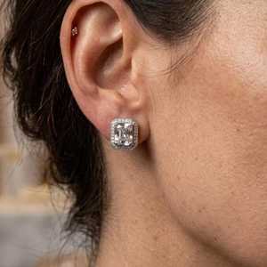 Vintage <b>Emerald</b> Cut Moissanite Classic Halo <b>Stud</b> <b>Earrings</b> Trendy 925 Sterling Silver Fine Jewelry Wedding Party Occasion Gift - Product Image 1