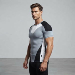 Prix d'usine – Nouveaux Rashguards personnalisés à manches courtes pour hommes, UPF50+, 180g, en polyester et élasthanne, séchage rapide, faible MOQ, marque privée, pour équipes - Product Image 2
