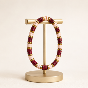 Custom Handmade Zinc Beaded Heishi <b>Stretch</b> <b>Bracelet</b> for Women Burgundy Pink and Gold Trendy Party Fashion Jewelry Wholesale - Product Image 2