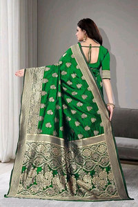AARA Fashion Traditional Indian <b>Green</b> <b>Silk</b> Saree Golden Floral Embroidery Border for Women Wedding Party Wear Quick Dry All - Product Image 2