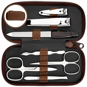 Ensemble de manucure et pédicure professionnel de qualité supérieure 7 en 1 en acier inoxydable, noir mat moderne avec étui en cuir marron - Product Image 2