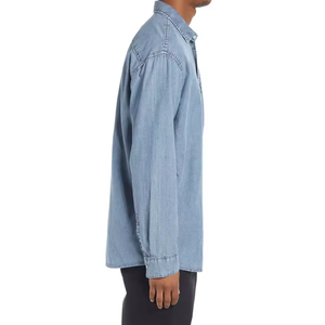Chemise en jean délavé bleu clair pour homme, en coton, à manches longues, avec poche unique, boutonnée sur le devant, style robuste pour le travail - Product Image 3
