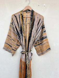 Seda amarilla Vintage seda reciclada Sari Tye Dye Kimono Robe Beach Wear Bikini Cover Up Kimono regalo para ella - Product Image 2