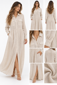 Robe chemise bohème en coton respirant beige à boutons, manches longues, décontractée, avec poches, longueur maxi, fournisseur Alibaba de premier plan, vente en gros - Product Image 4