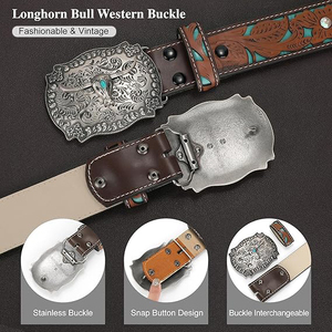 Nuevo Cinturón de Cuero Genuino Estilo Western con Hebilla de Acero e Incrustaciones de Turquesa, Estilo Casual, Impermeable y Ecológico - Product Image 3