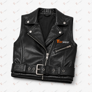 Gilet moto décontracté pour femme Tiierwear en cuir PU noir imperméable avec fermeture éclair, col cranté et broderie unie - Product Image 6