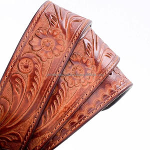 Best Quality Premium Brown Western <b>Leather</b> Hand <b>Tooling</b> <b>Belt</b> for Unisex with Floral Engraved brass buckle set - Product Image 3