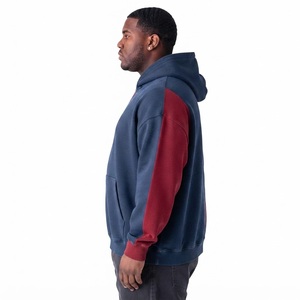Men's Color Blocking Hooded Fleece Sweatshirt Oversized Fit Casual Long Sleeve Autumn Wear <b>Red</b> And Blue Two <b>Tone</b> Design - Product Image 3