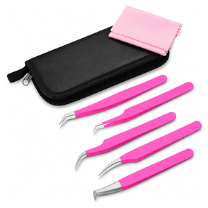 Ensemble de pinces à cils en acier inoxydable rose avec étui, outil de beauté multifonctionnel pour extensions de cils - Product Image 1