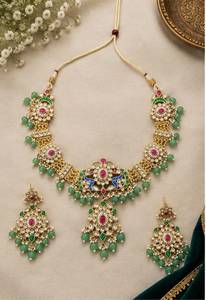 TISHYA Gold Plated Alloy Necklace Earrings <b>Set</b> with Ruby Round Brilliant Cut Imitation <b>Pearl</b> Ethnic Wedding <b>Jewelry</b> for Women - Product Image 2