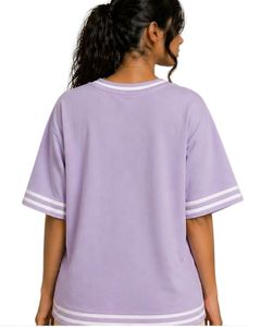 Customized Lavender Floral Embroidered Oversized T Shirt Women Contrast Stripe Crew Neck Casual Loose Fit Cotton Summer <b>Top</b> - Product Image 3