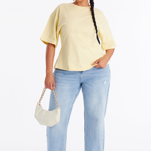 Manufacturer Custom Summer Women's Tee Solid Jersey Beige Crew Neck Long Tail <b>Back</b> Zip Closure <b>Drop</b> Shoulder Short Sleeve TShirt - Product Image 2