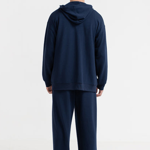Custom Men’s Navy Blue Oversized <b>Full</b> <b>Zip</b> <b>Hoodie</b> with Minimalist Blank Design Casual Hooded Sweatshirt - Product Image 4