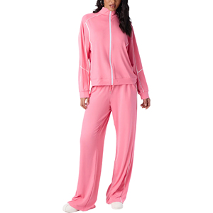 Women's Pink Tracksuit Set Full <b>Zip</b> Hoodie line piping contrast tracksuit french terry fabric tracksuit slim fit women tracksuit - Product Image 1