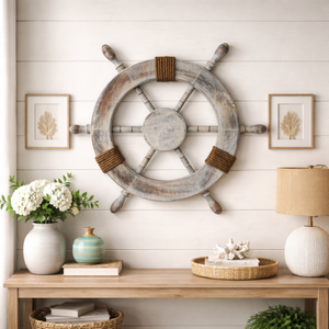 Decoración de Pared con Timón de Barco Náutico Vintage, Madera de Mango, Timón Marino Hecho a Mano, Arte Costero para Casa de Playa, 46x46cm, Adorno para el Hogar - Product Image 4