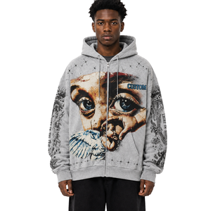 Custom Heather <b>Grey</b> Zip Up Hoodie Heavyweight French Terry Oversized Vintage Eyes Graphic Print Hooded <b>Sweatshirt</b> OEM Factory - Product Image 1