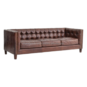 Canapé 3 places en cuir véritable de luxe, accoudoirs carrés, capitonné à la main, cuir marron, meubles de salon, design moderne - Product Image 6