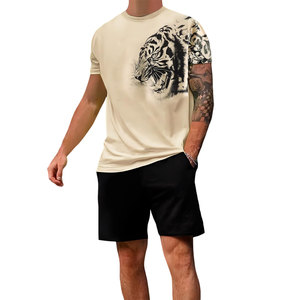 Ensemble T-shirt et short pour homme à imprimé tigre, tenue décontractée d'été, respirant, en coton terry tricoté 220g, ensemble assorti XL - Product Image 1