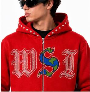 Sweat-shirt à capuche surdimensionné rouge pour homme, broderie de logo WSI en strass, streetwear, polaire, 100% coton, vêtements d'hiver - Product Image 2