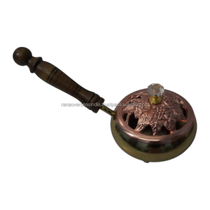Premium Iron Incense Burner Copper Plated Floral Lid Wooden Handle Incense Censer for Home <b>Decor</b> and Yoga - Product Image 5