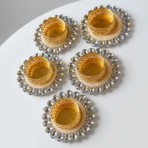 Round <b>Gold</b> <b>Tea</b> <b>Light</b> <b>Holder</b> with Crystal and Pearl Trim for Wedding Home Decoration - Product Image 6
