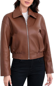 Women's Brown Genuine <b>Leather</b> Moto <b>Jacket</b> Full Sleeve Stand Collar Zipper Closure Autumn Style - Product Image 5