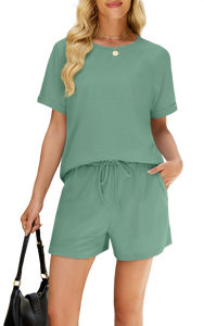 Conjunto de 2 piezas de camiseta y pantalones cortos de tela elástica para mujer, pantalones cómodos para hacer ejercicio, top flexible para deportes activos, conjunto cómodo. - Product Image 4