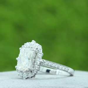 Emerald Cut Diamond Engagement <b>Ring</b> With Halo Pave Setting 925 Silver Plated Rhodium Finish Classic Women's Jewelry - Product Image 2
