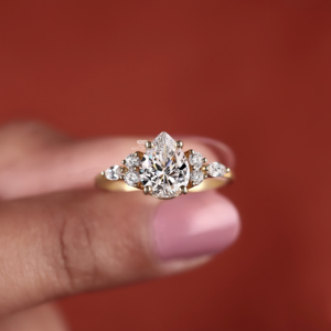 14K Gold Pear Cut Lab Grown Diamond Three Stone <b>Cluster</b> Engagement Ring Women's Custom IGI Certified Vintage Kirti Jewels - Product Image 6