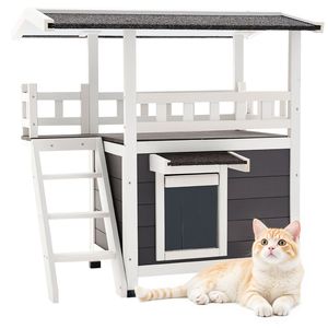 Casetta per Gatti a 2 Piani in Legno da Esterno con Scale e Balcone, Rifugio Rialzato per Gatti Randagi, Spaziosa Stanza Impermeabile, Mobili per Animali Domestici - Product Image 1