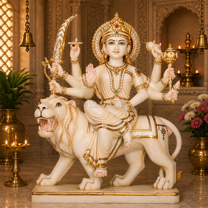 White Marble Durga Maa Murti on Lion | Six Armed Sherawali Idol with Golden Crown, Halo and Sacred Weapons by MALIYAS Jaipur - Product Image 3