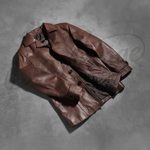 Veste en cuir marron vintage pour homme, classique, décontractée, boutonnée, en cuir véritable, coupe ajustée rétro, légère, pour l'automne - Product Image 2