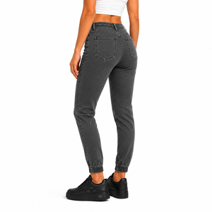 High <b>Waist</b> Dark Grey Skinny Denim <b>Jeans</b> <b>With</b> Drawstring <b>Elastic</b> <b>Waist</b> And Cuffed Hem Casual Women's Full Length Jogger Pants - Product Image 4