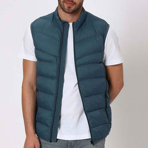 Veste matelassée bleue pour homme, sans manches, à capuche, fermeture éclair, coupe-vent, vêtement décontracté d'hiver, 100% polyester, couleur unie, teint en pièce - Product Image 1