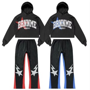 BRNME Men's Hooded Sweatshirt <b>Set</b> Black Red Blue Star Print Tracksuit Casual Autumn Wear 100% Polyester <b>Knitted</b> Breathable - Product Image 1