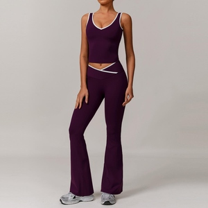Women's Solid V Neck Elastic Waist High Fitness <b>Flared</b> <b>Leggings</b> Bra 2 Piece Set Breathable Lightweight Four Way Stretch - Product Image 3