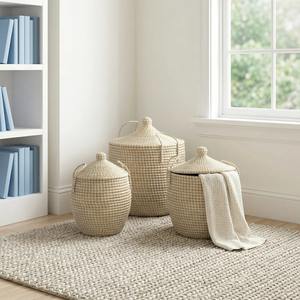 Juego de 3 cestas de almacenamiento de mimbre con tapas, cestas de almacenamiento hechas a mano, venta al por mayor, ecológicas, hechas en Vietnam - Product Image 2