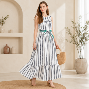 Vestido Largo sin Mangas con Estampado de Puntos Blancos para Mujer, con Cinturón Verde, Estilo Casual Holgado, Transpirable, de Algodón, con Borlas y Capas Transparentes, para Verano - Product Image 2