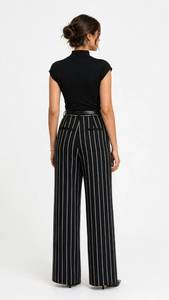 Women's Short Sleeve Turtleneck Top and Striped Wide Leg Pants <b>Set</b> with Belt - Product Image 2