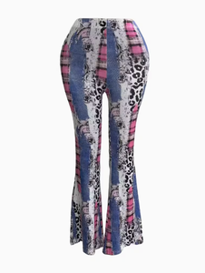 High Waist Flare Pants Women Patchwork Print Full Length <b>Elastic</b> Waist Bohemian Summer Style Skinny Fit Breathable Casual Pants - Product Image 4
