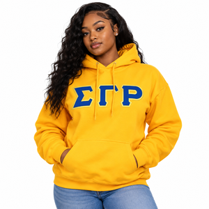 เสื้อสเวตเชิ้ตมีฮู้ดสีน้ำเงินรอยัล Sigma Gamma Rho ขนาดใหญ่ ลายตัวอักษรกรีกสีเหลือง ดีไซน์ลายตัวอักษรที่อกแบบวาร์ซิตี้ เสื้อพูลโอเวอร์ลำลองสำหรับชมรมนักศึกษา - Product Image 1