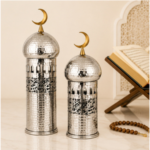 Juego de Adornos de Lujo Plateados para Ramadán, Minarete de Acero Inoxidable Martillado con Adorno de Cúpula de Mezquita y Remate de Luna Creciente Dorada - Product Image 4
