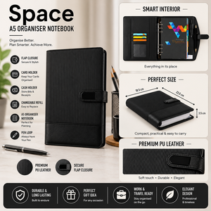 <b>A5</b> Organizer <b>Notebook</b> Saddle Stitched PU Leather Journal Refillable Planner Flap Closure Card Holder Cash Pocket Pen Loop School - Product Image 5