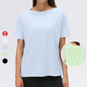 T-shirt en coton tricoté à manches courtes et col rond pour femme, vert clair, coupe ample, couleur unie, décontracté, pour le printemps et l'été - Product Image 5