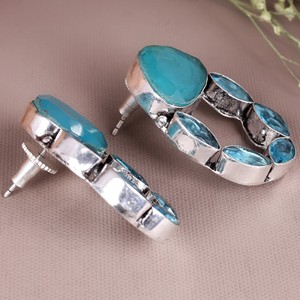 Ethnic Boho Flower Brass Drop <b>Earrings</b> <b>Blue</b> <b>Topaz</b> Gemstone Party Tribal Statement Jewelry for Women - Product Image 3