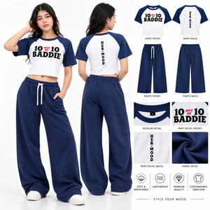 Conjunto de 2 Piezas para Mujer, Estilo Baddie, Camiseta Corta Raglán, Pantalones Anchos, Azul, Algodón, Casual, Primavera Verano, Corte Holgado, HerMood - Product Image 2